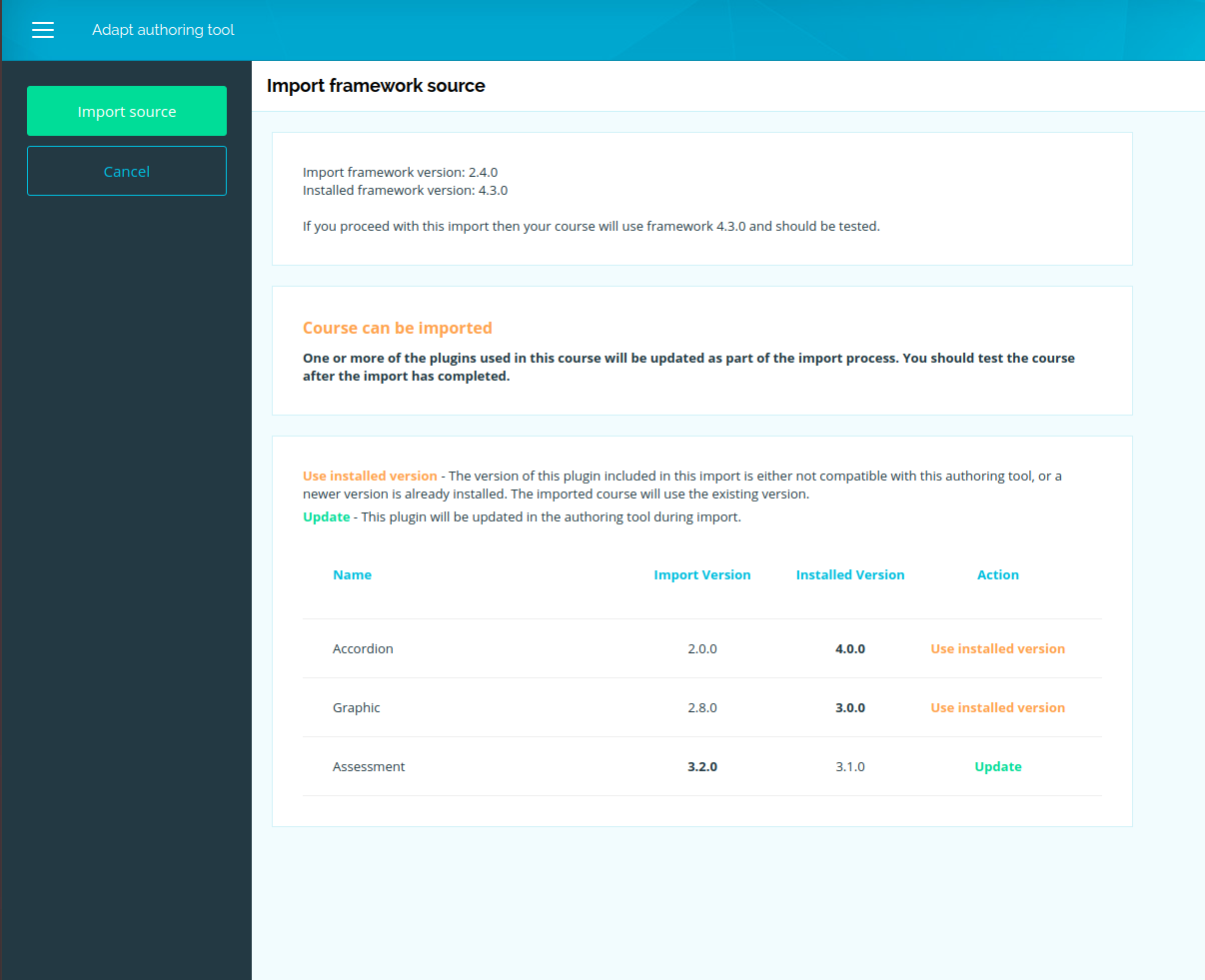 Screenshot of course import with amber plugin ratings