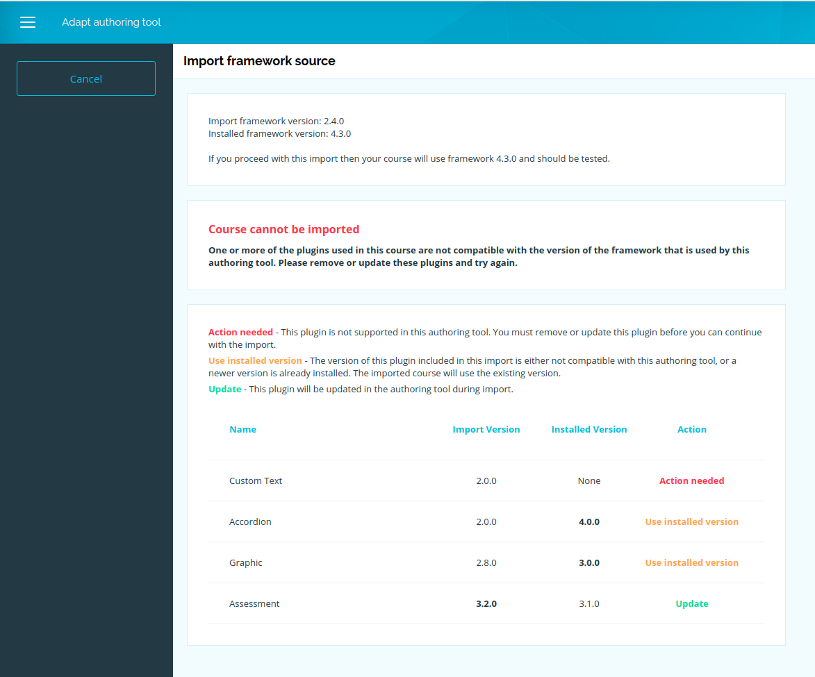 Screenshot of course import blocked by red-rated plugin ratings