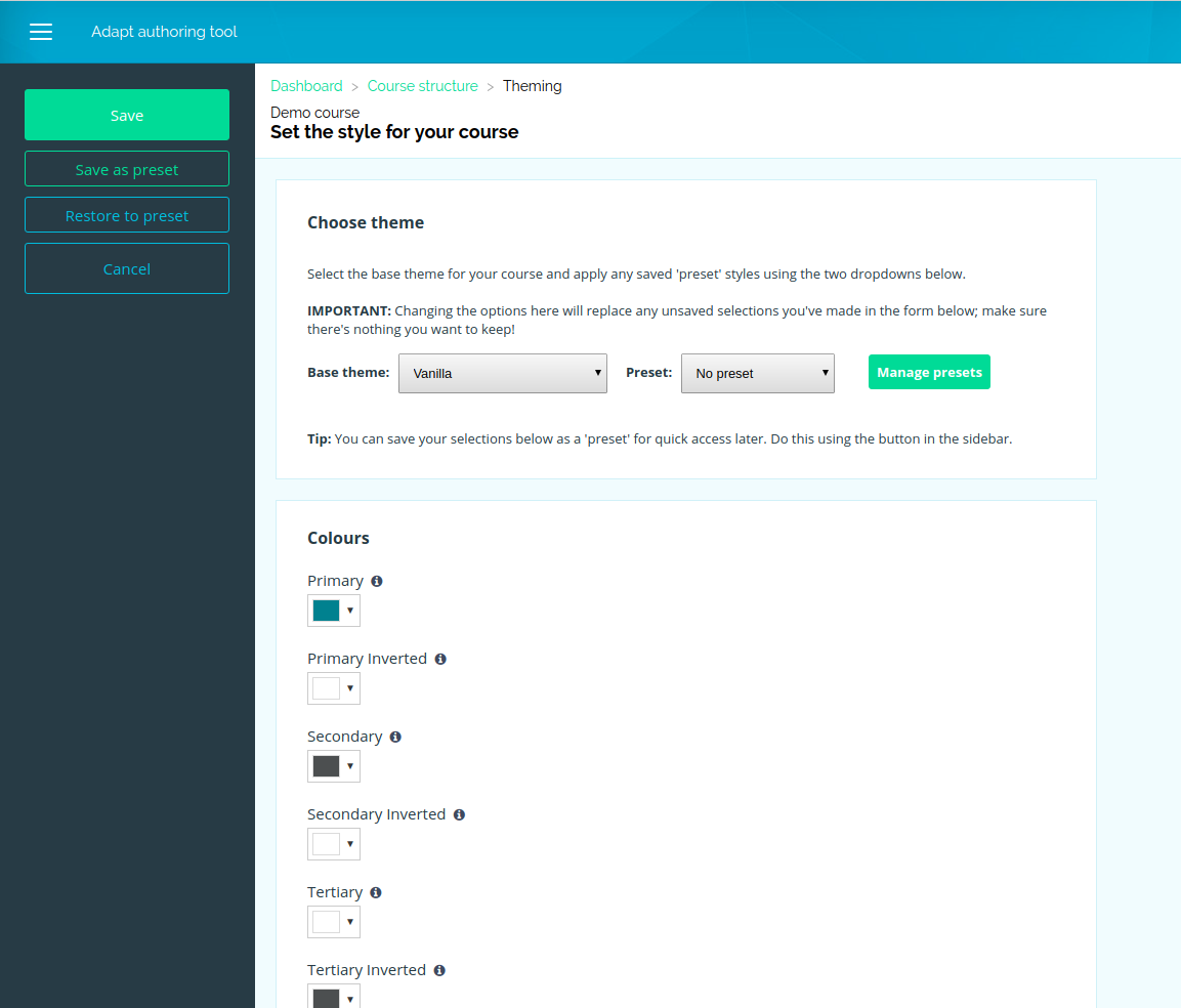 Screen shot from the Adapt authoring tool showing the theme editing page